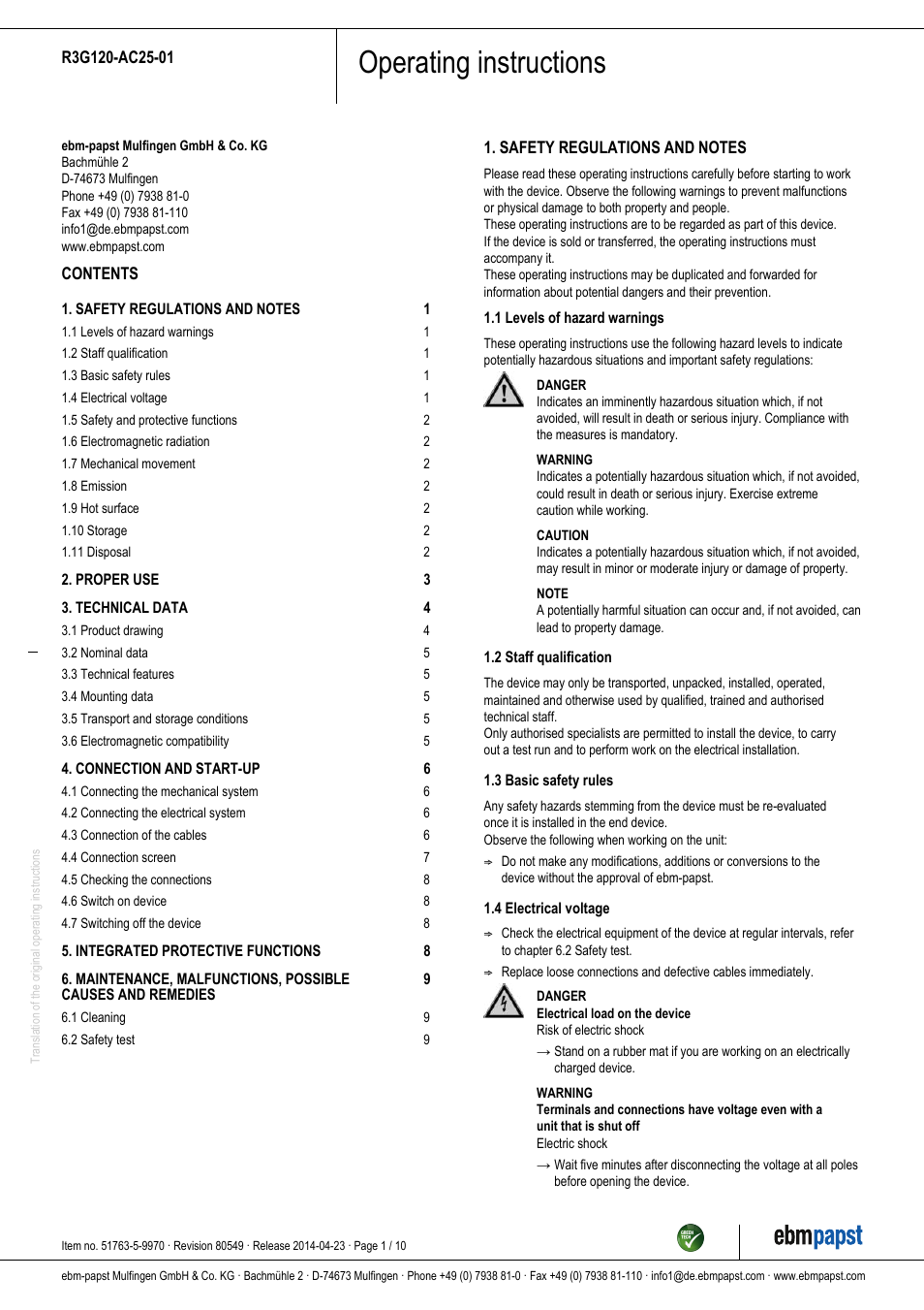 ebm-papst R3G120-AC25-01 User Manual | 10 pages