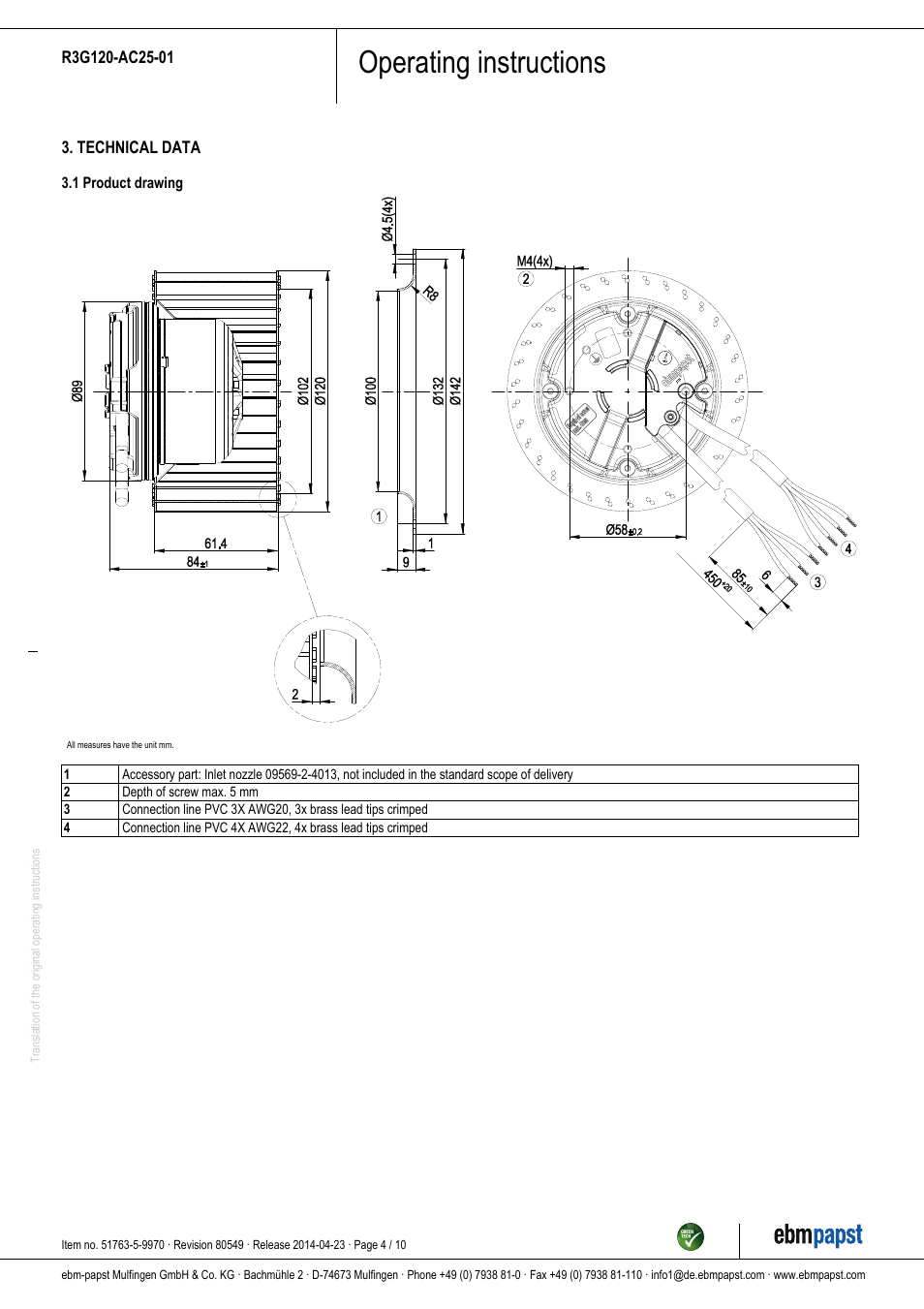 Operating instructions | ebm-papst R3G120-AC25-01 User Manual | Page 4 / 10