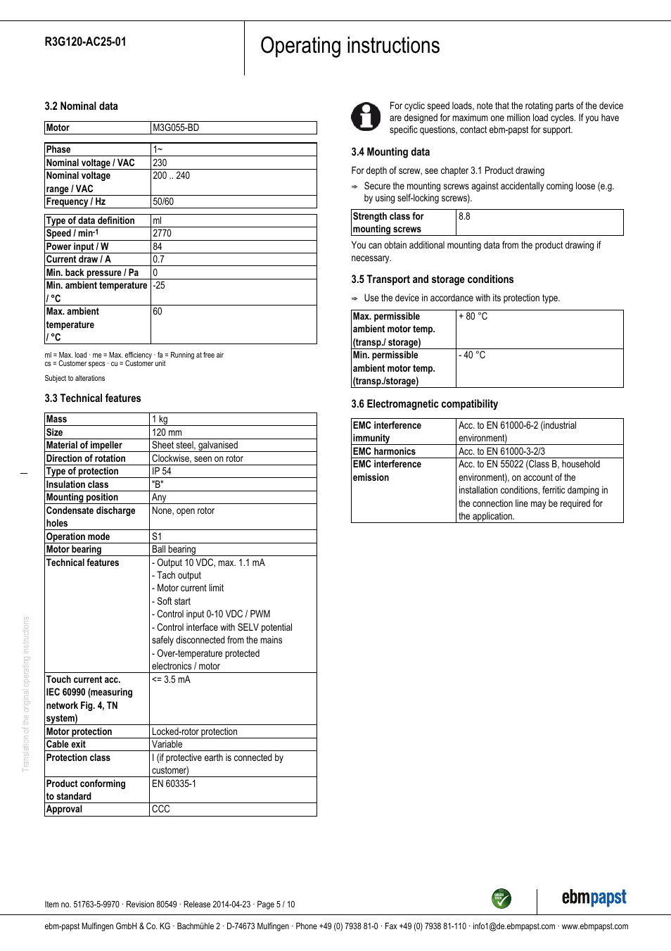 Operating instructions | ebm-papst R3G120-AC25-01 User Manual | Page 5 / 10
