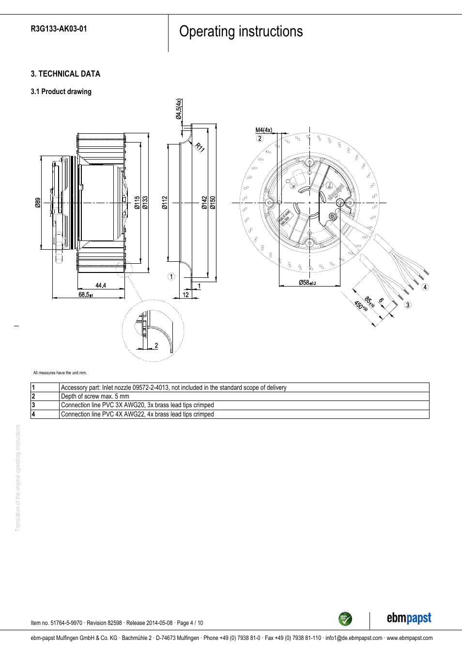 Operating instructions | ebm-papst R3G133-AK03-01 User Manual | Page 4 / 10