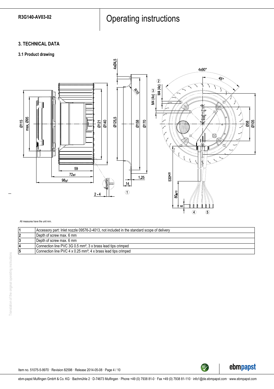 Operating instructions | ebm-papst R3G140-AV03-02 User Manual | Page 4 / 10