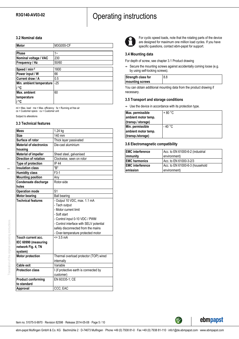 Operating instructions | ebm-papst R3G140-AV03-02 User Manual | Page 5 / 10