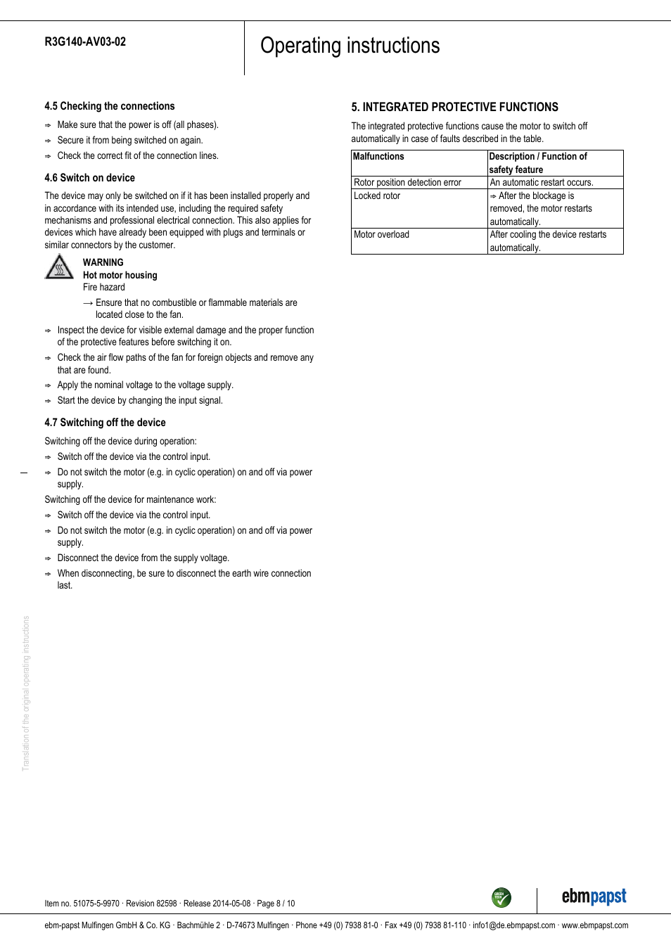 Operating instructions | ebm-papst R3G140-AV03-02 User Manual | Page 8 / 10