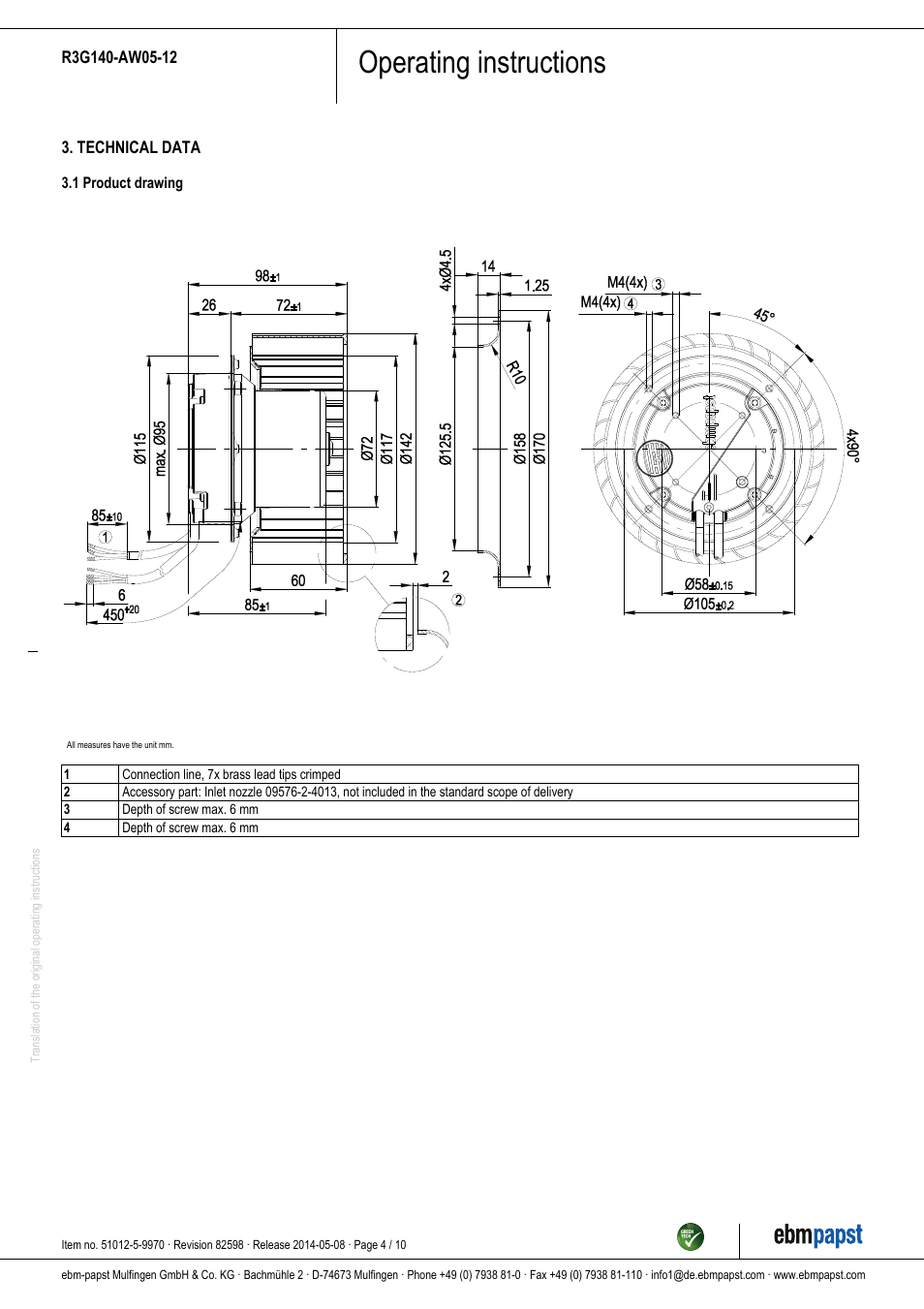 Operating instructions | ebm-papst R3G140-AW05-12 User Manual | Page 4 / 10