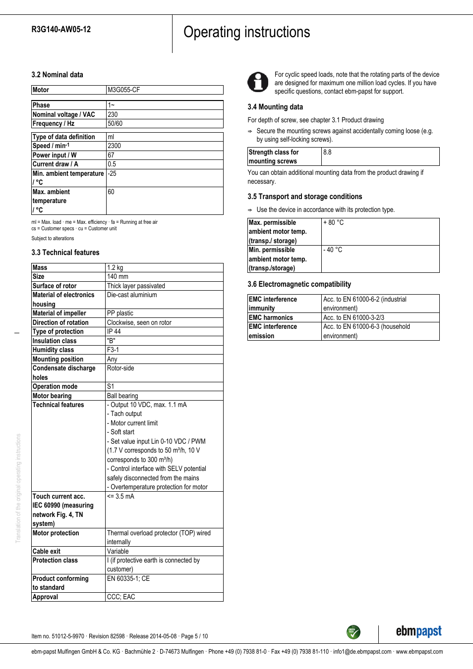 Operating instructions | ebm-papst R3G140-AW05-12 User Manual | Page 5 / 10