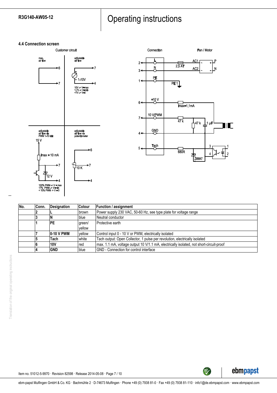 Operating instructions | ebm-papst R3G140-AW05-12 User Manual | Page 7 / 10