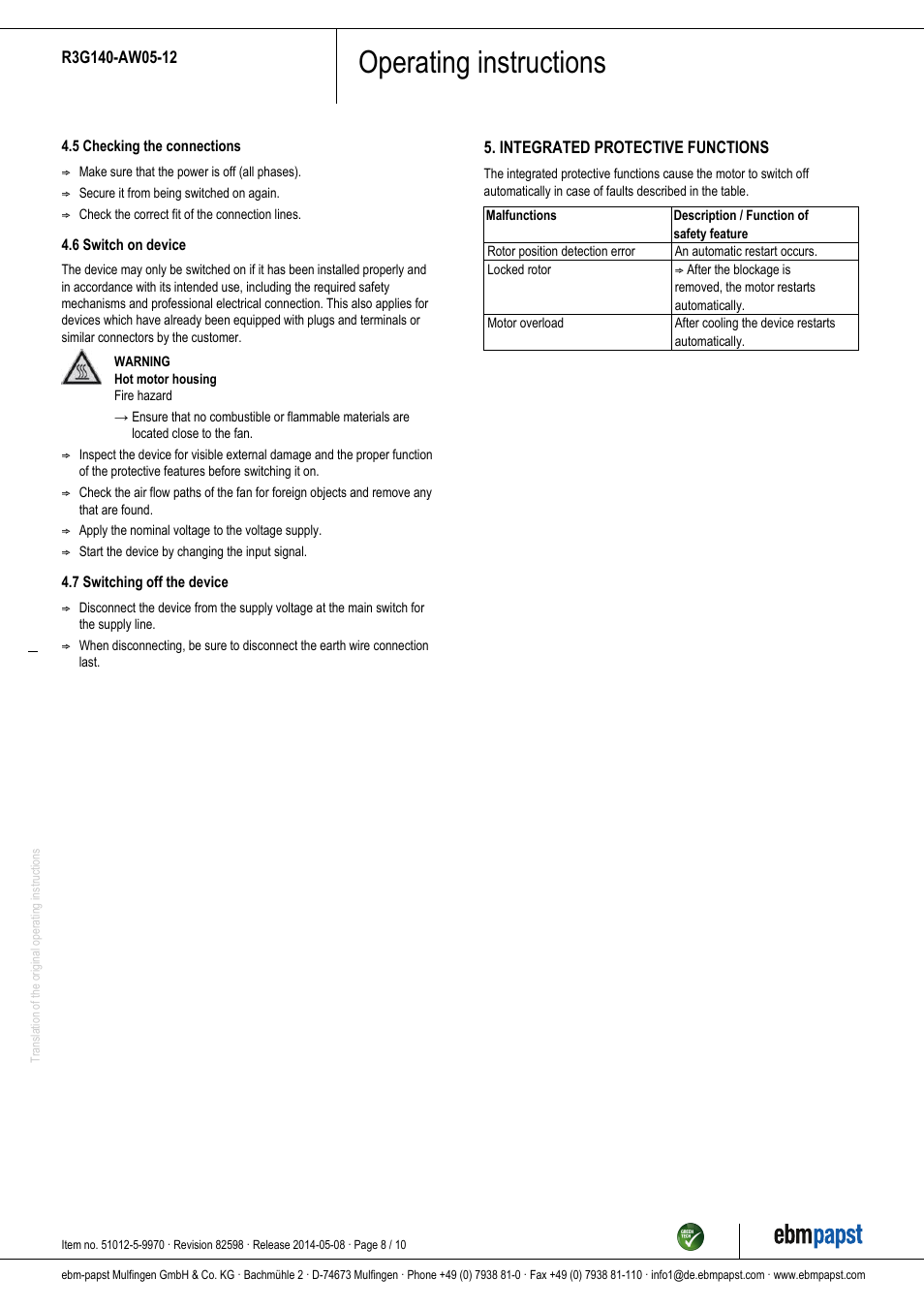 Operating instructions | ebm-papst R3G140-AW05-12 User Manual | Page 8 / 10