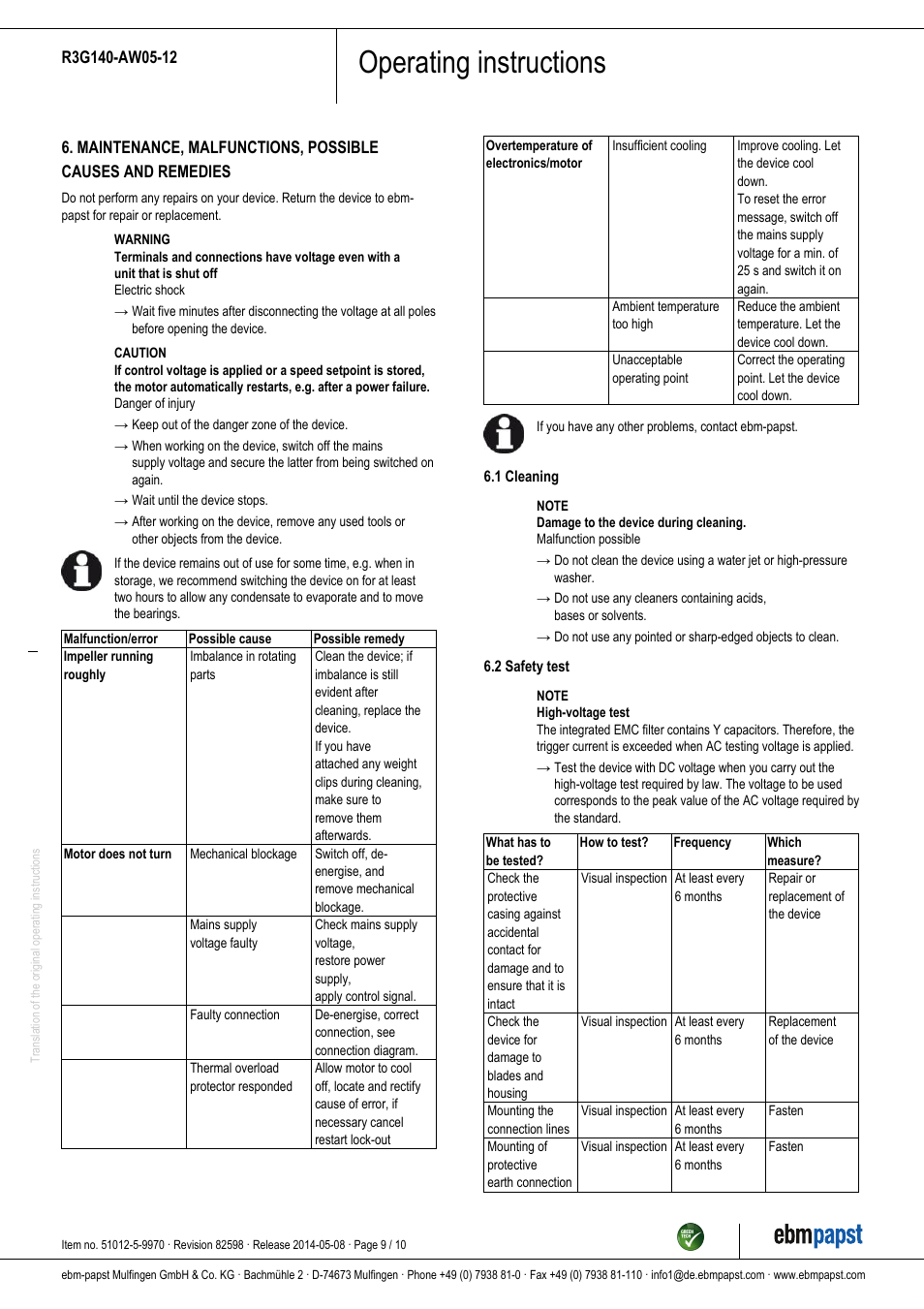 Operating instructions | ebm-papst R3G140-AW05-12 User Manual | Page 9 / 10