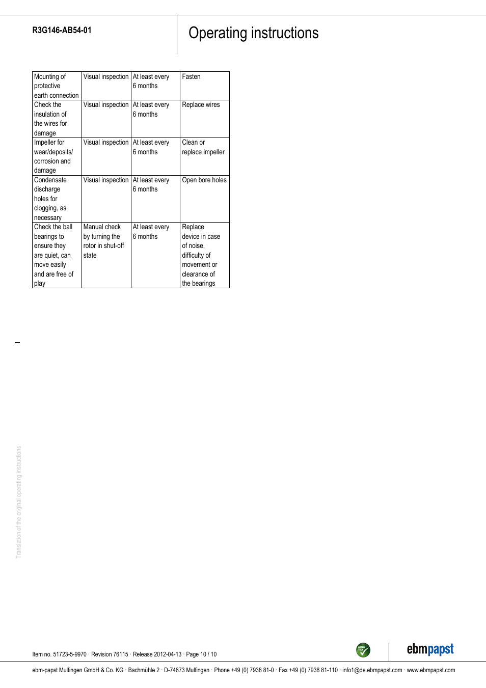 Operating instructions | ebm-papst R3G146-AB54-01 User Manual | Page 10 / 10