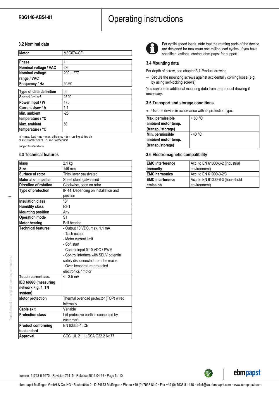 Operating instructions | ebm-papst R3G146-AB54-01 User Manual | Page 5 / 10
