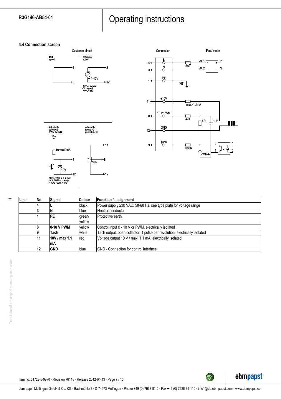 Operating instructions | ebm-papst R3G146-AB54-01 User Manual | Page 7 / 10