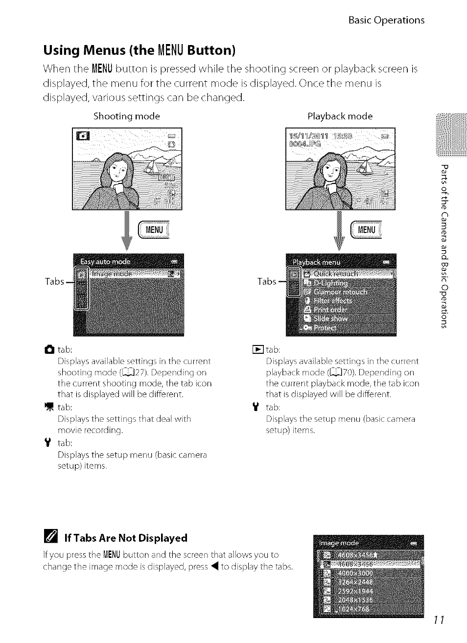Using menus (the menu button), B if tabs are not displayed, Using menus (the | Iüenu, Button), Menu | Nikon COOLPIX  AW100 User Manual | Page 35 / 75