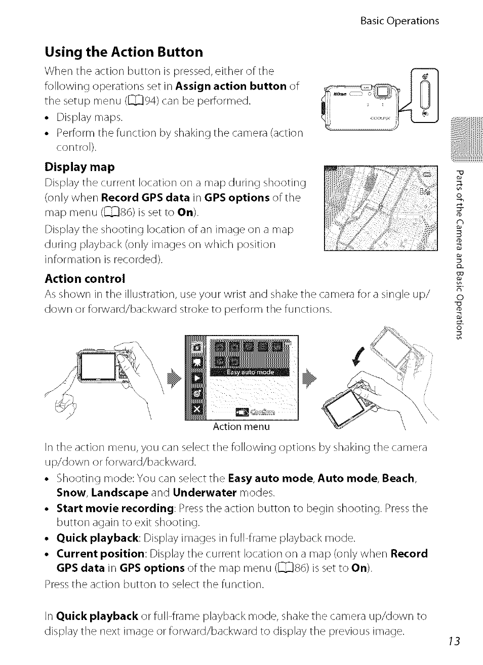 Using the action button, Display map, Action control | Displaying maps, X|86), Dxl86) | Nikon COOLPIX  AW100 User Manual | Page 37 / 75