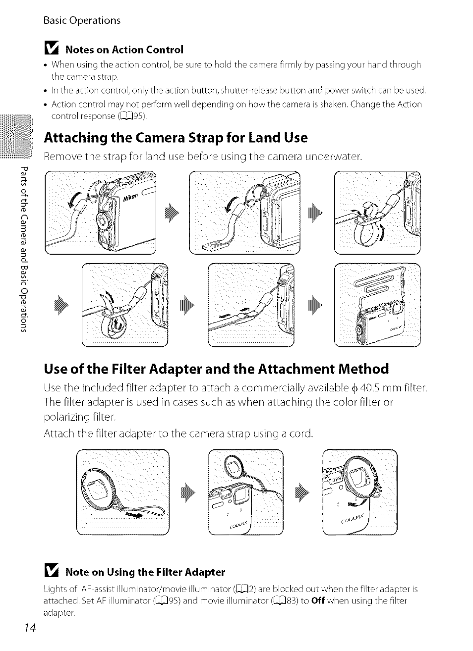 7a notes on action control, Attaching the camera strap for land use, 7k note on using the filter adapter | Nikon COOLPIX  AW100 User Manual | Page 38 / 75