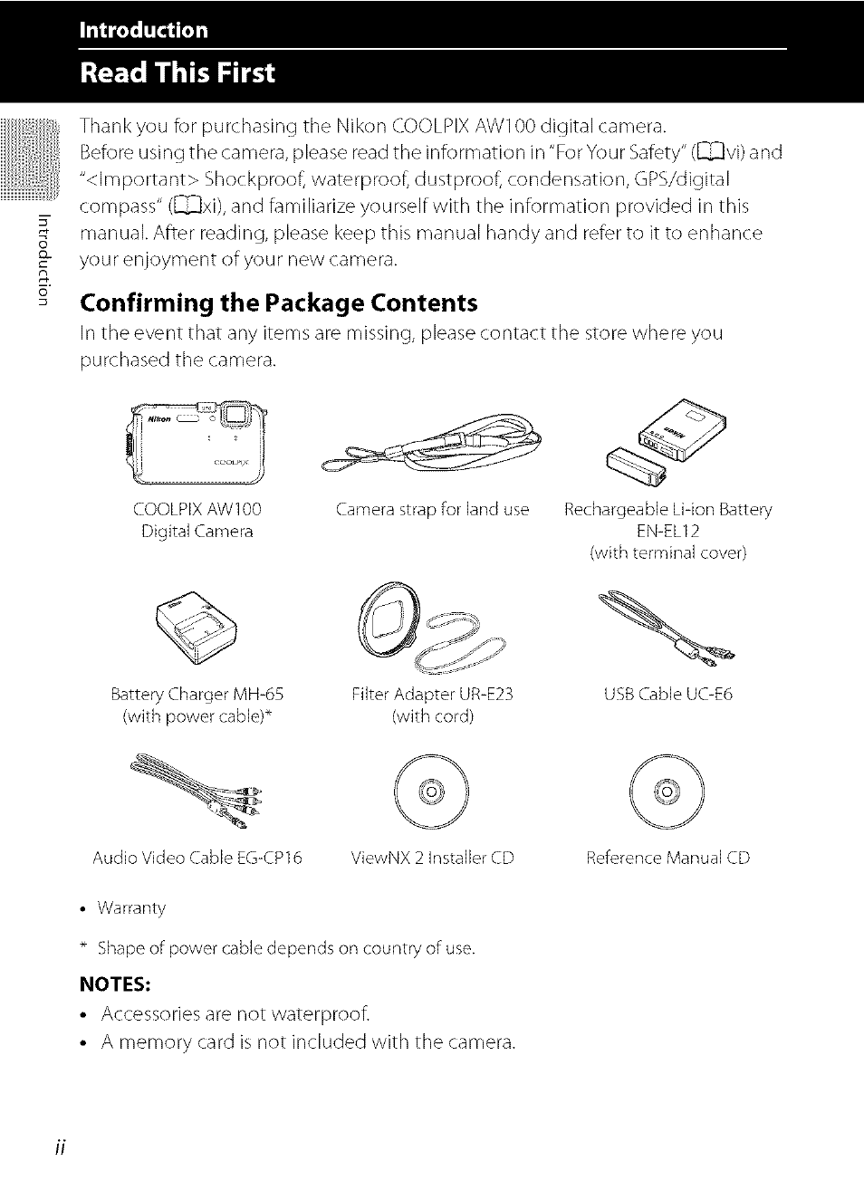 Read this first, Confirnning the package contents, Introduction | Nikon COOLPIX  AW100 User Manual | Page 4 / 75