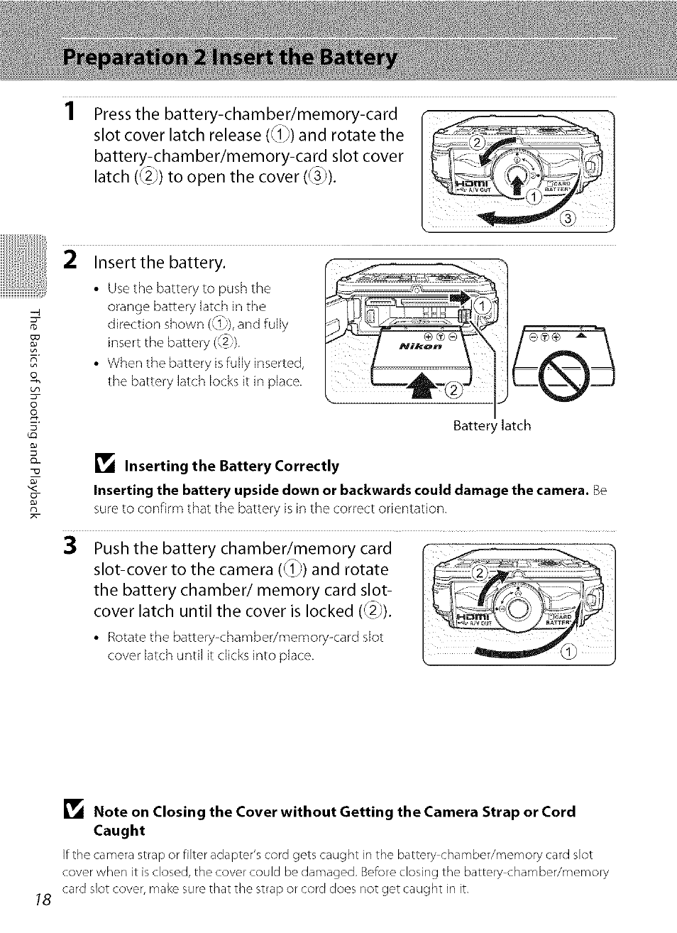 A inserting the battery correctly, Preparation 2 insert the battery | Nikon COOLPIX  AW100 User Manual | Page 42 / 75