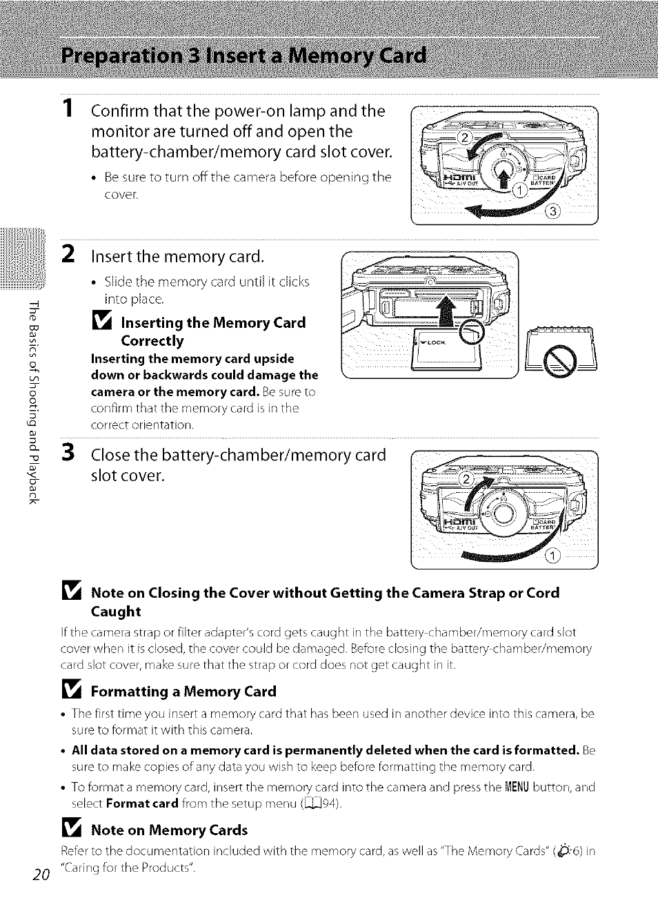 2 insert the memory card, 3 close the battery-chamber/memory card slot cover, 7a note on memory cards | Menu | Nikon COOLPIX  AW100 User Manual | Page 44 / 75