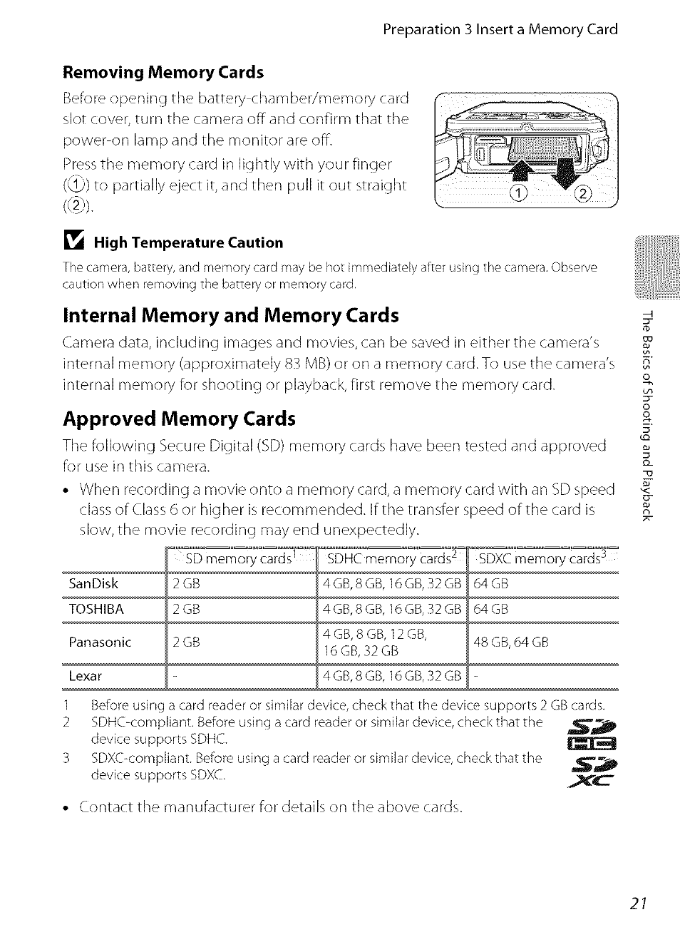 Removing memory cards, Internal memory and memory cards, Approved memory cards | Nikon COOLPIX  AW100 User Manual | Page 45 / 75