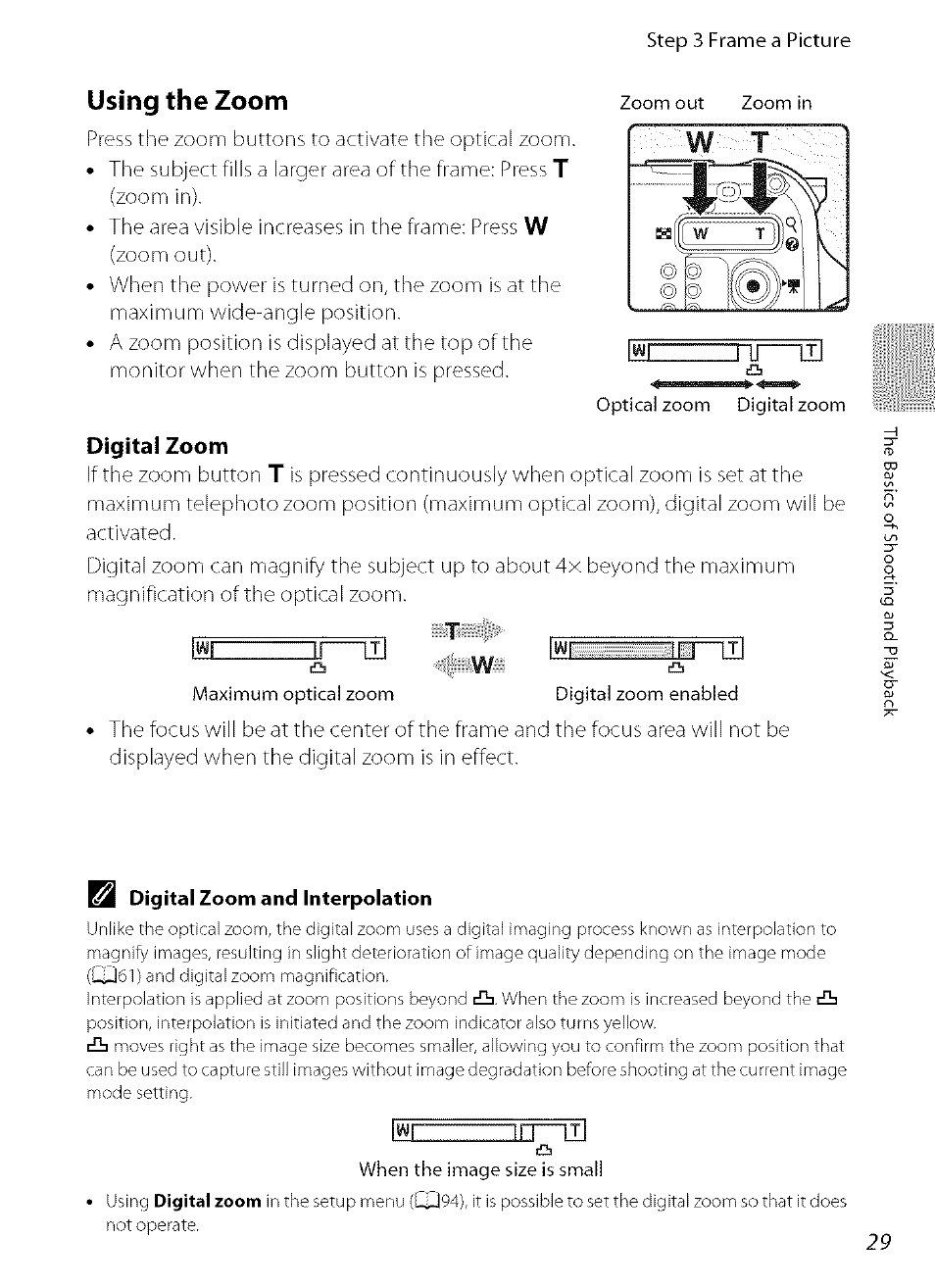 Using the zoom, Digital zoom, B digital zoom and interpolation | Nikon COOLPIX  AW100 User Manual | Page 53 / 75