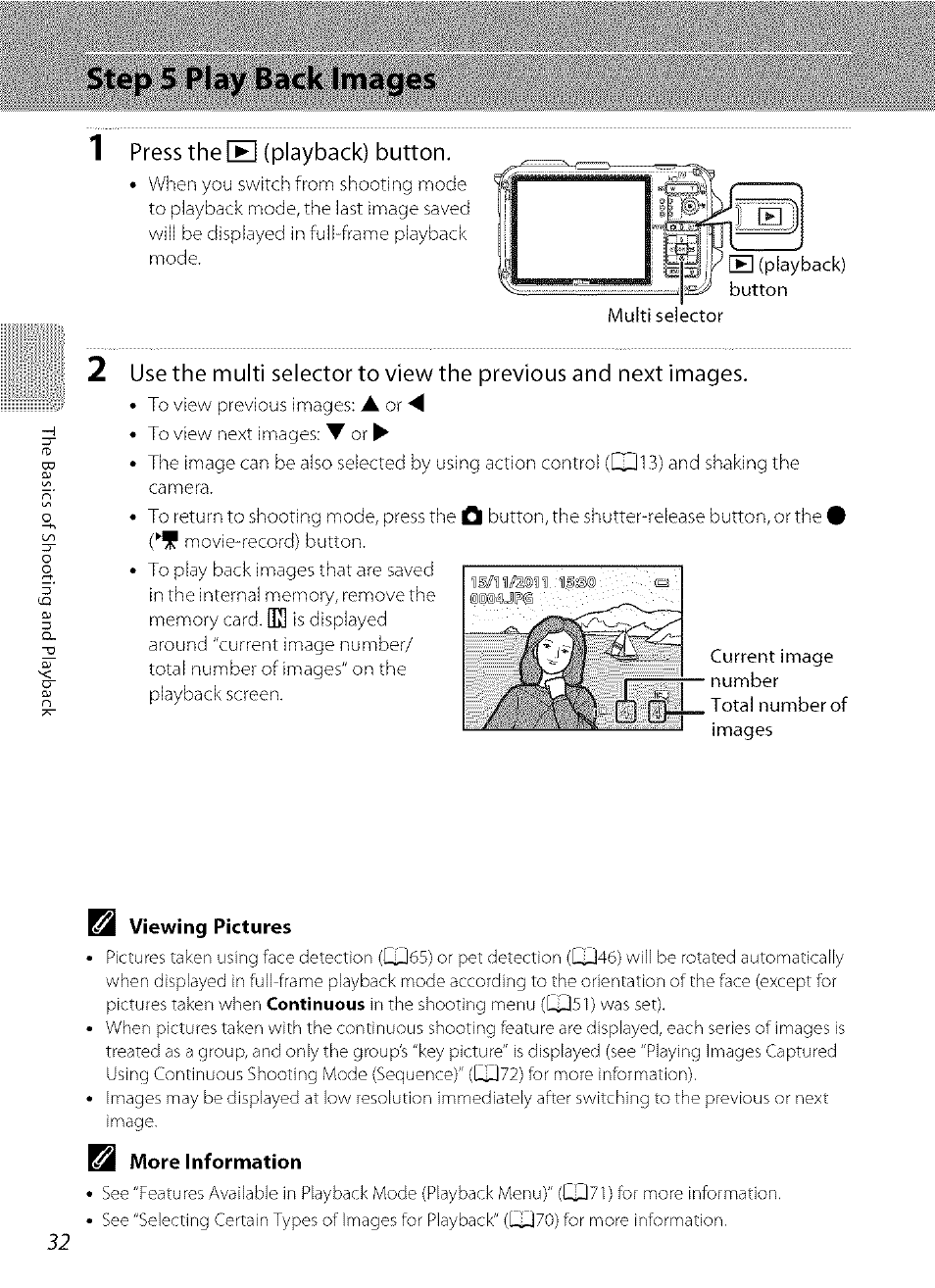 Step 5 play back images, 1 press the [►] (playback) button, B viewing pictures | Nikon COOLPIX  AW100 User Manual | Page 56 / 75