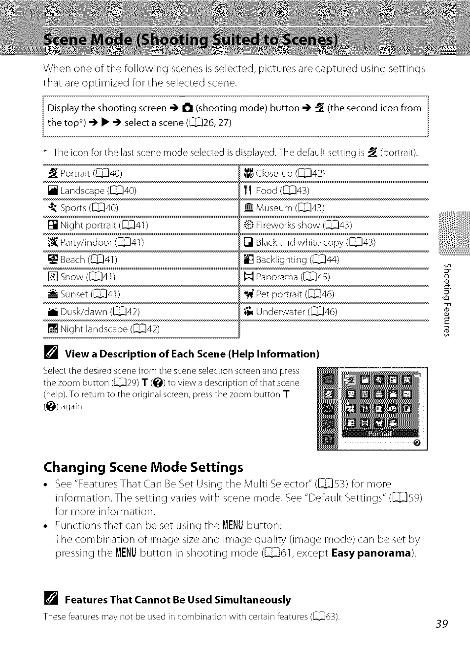 Scene mode (shooting suited to scenes), Changing scene mode settings, B features that cannot be used simultaneously | Ifodl), Iid5.3), Xl59), Lenu | Nikon COOLPIX  AW100 User Manual | Page 63 / 75