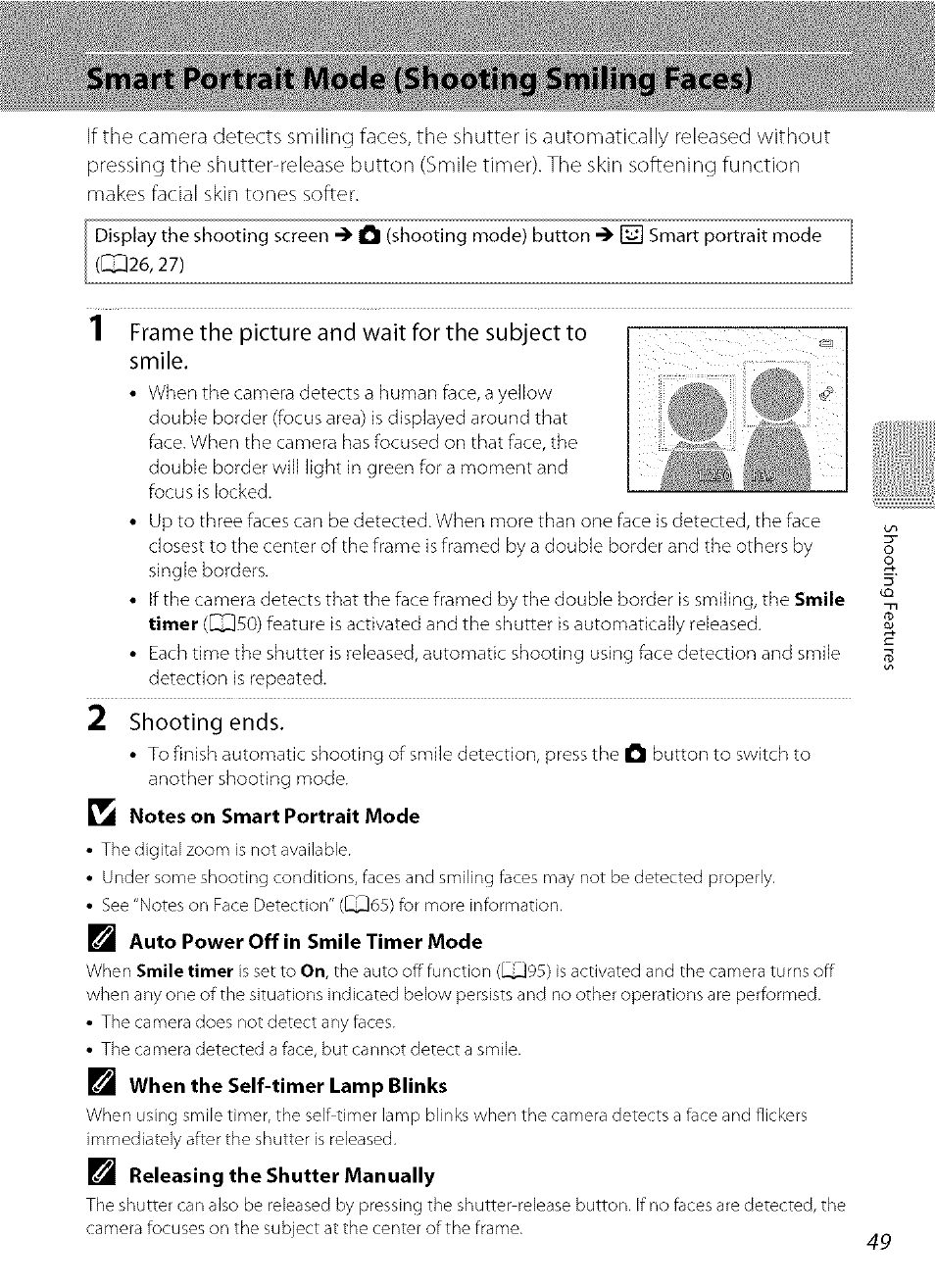 Smart portrait mode (shooting smiling faces, 2 shooting ends, Smart portrait mode (shooting smiling faces) | Gfaces) | Nikon COOLPIX  AW100 User Manual | Page 73 / 75