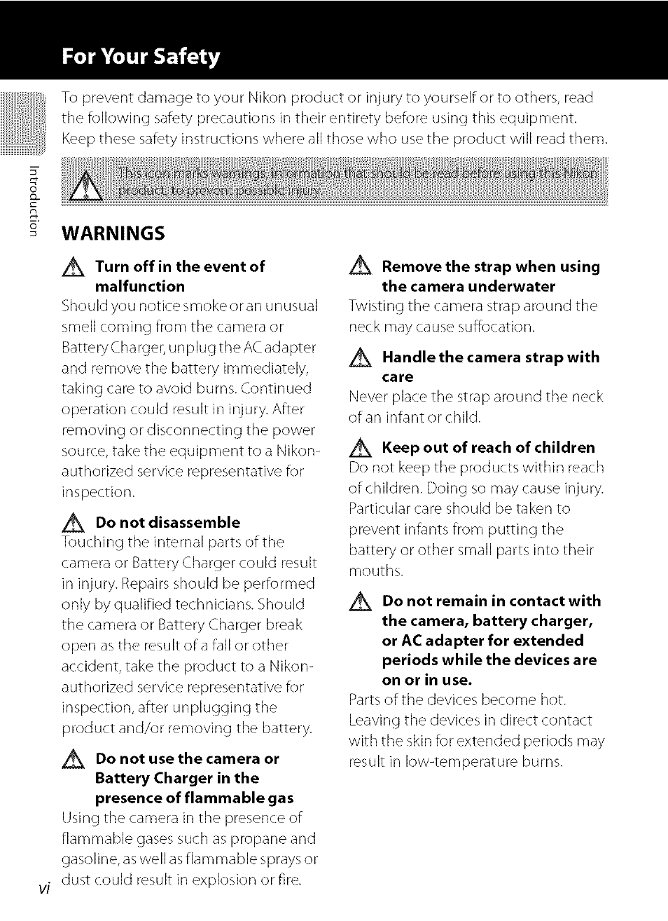 For your safety, Warnings | Nikon COOLPIX  AW100 User Manual | Page 8 / 75