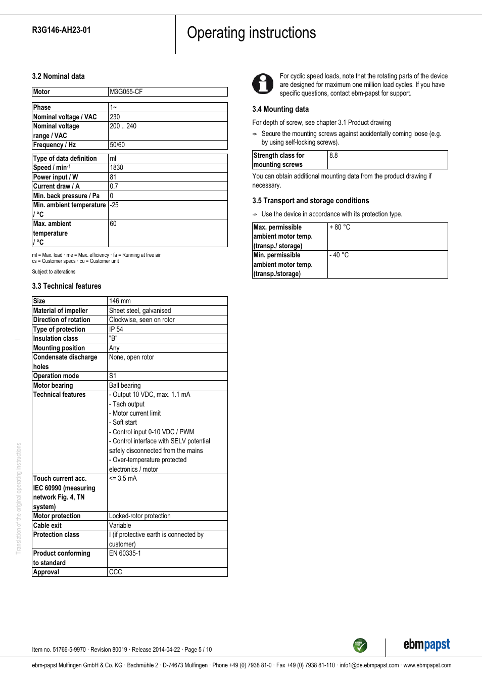 Operating instructions | ebm-papst R3G146-AH23-01 User Manual | Page 5 / 10