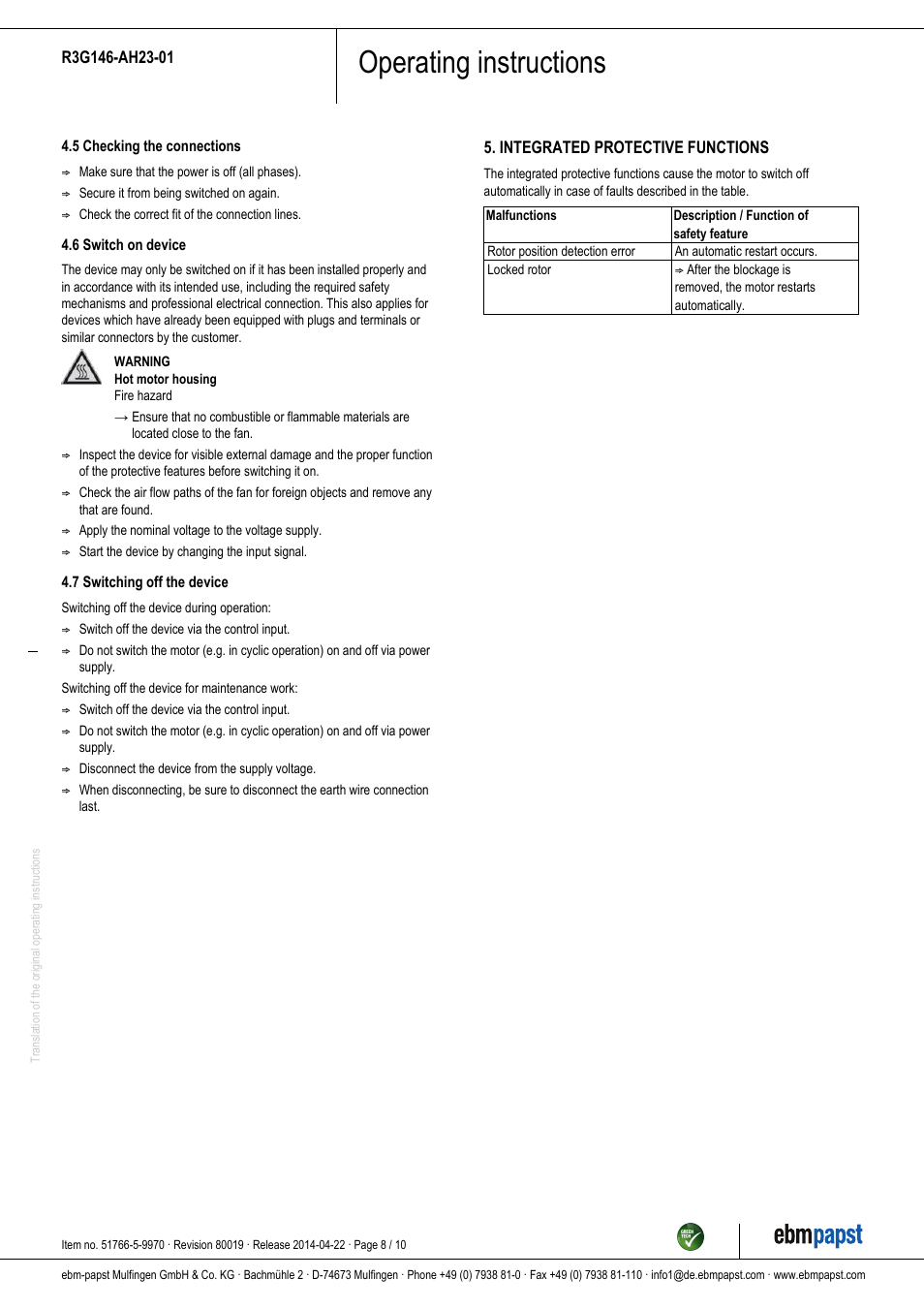 Operating instructions | ebm-papst R3G146-AH23-01 User Manual | Page 8 / 10