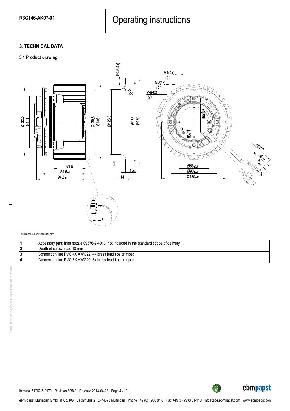 Operating instructions | ebm-papst R3G146-AK07-01 User Manual | Page 4 / 10