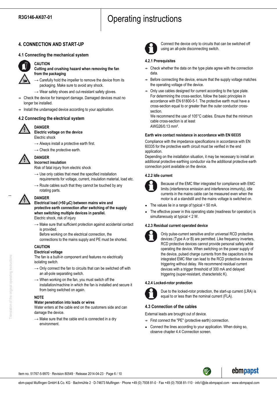 Operating instructions | ebm-papst R3G146-AK07-01 User Manual | Page 6 / 10