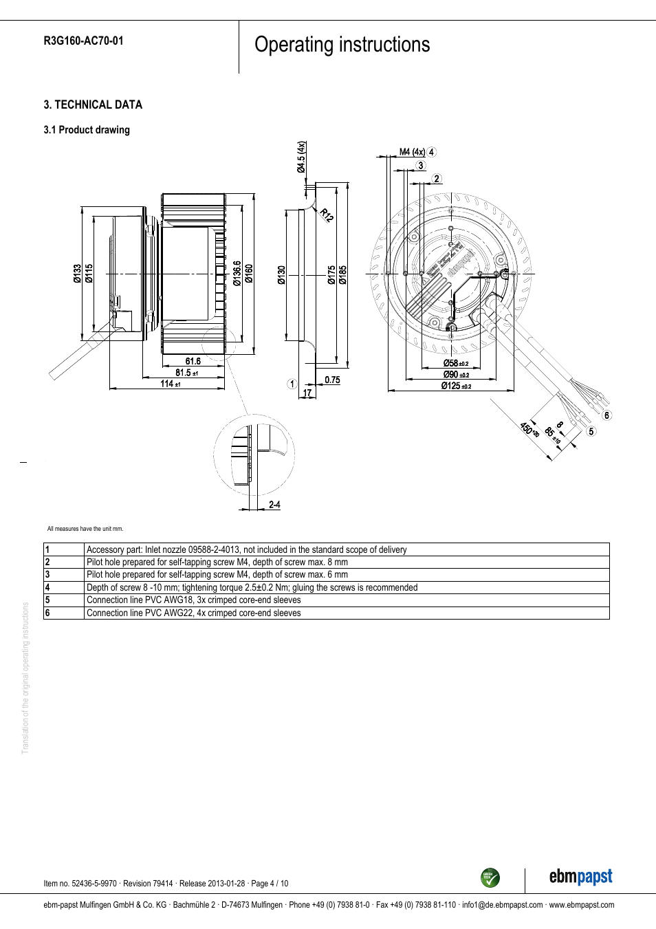 Operating instructions | ebm-papst R3G160-AC70-01 User Manual | Page 4 / 10