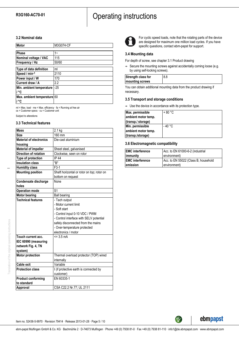 Operating instructions | ebm-papst R3G160-AC70-01 User Manual | Page 5 / 10