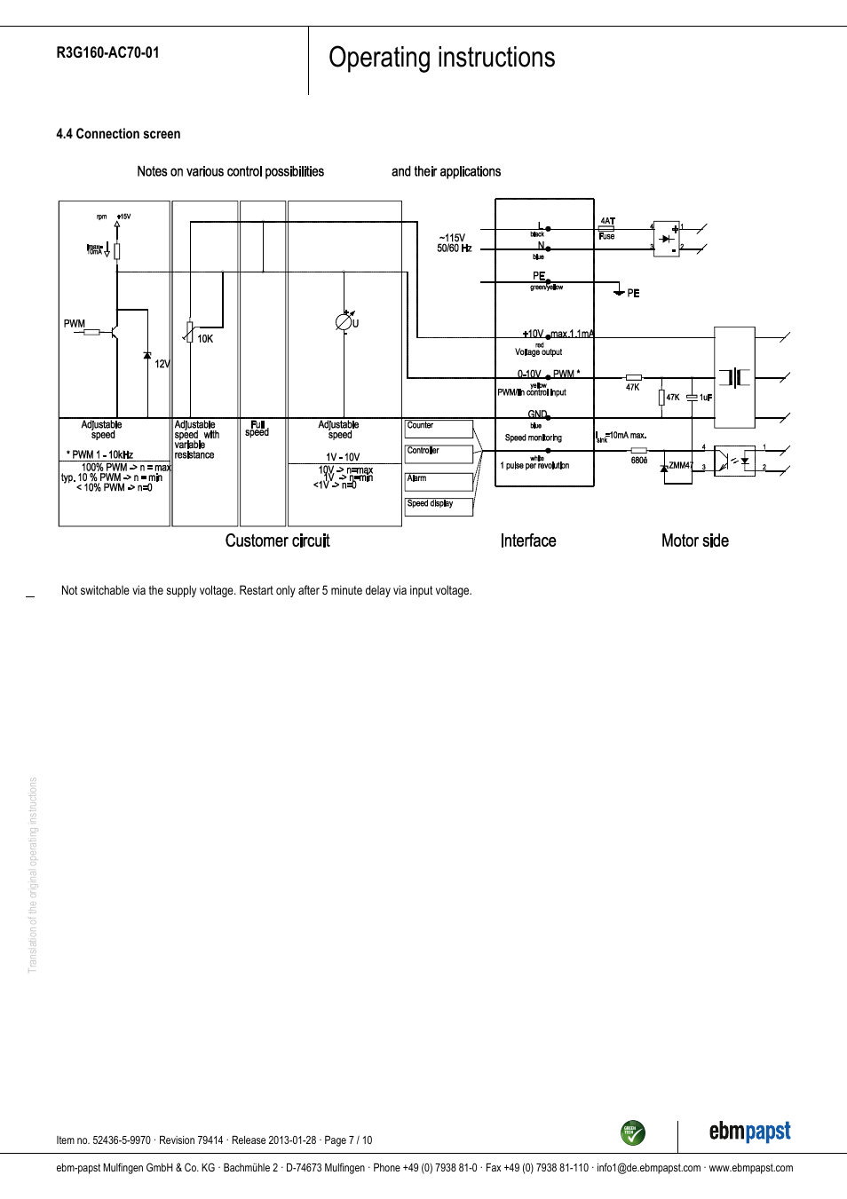 Operating instructions | ebm-papst R3G160-AC70-01 User Manual | Page 7 / 10