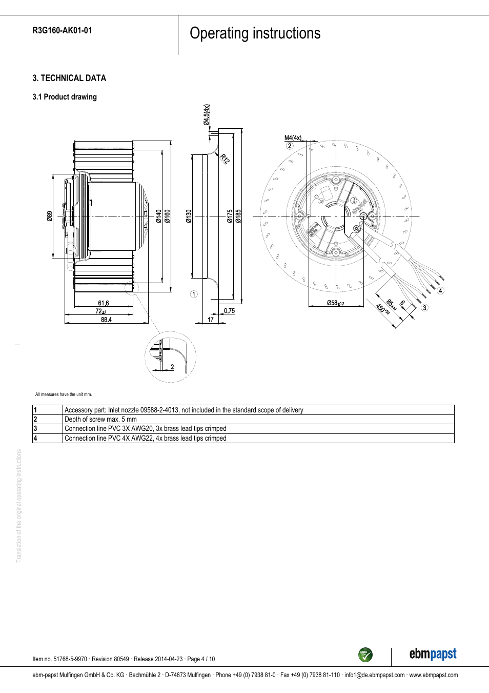 Operating instructions | ebm-papst R3G160-AK01-01 User Manual | Page 4 / 10