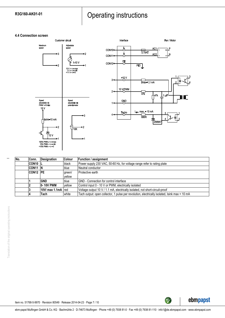 Operating instructions | ebm-papst R3G160-AK01-01 User Manual | Page 7 / 10