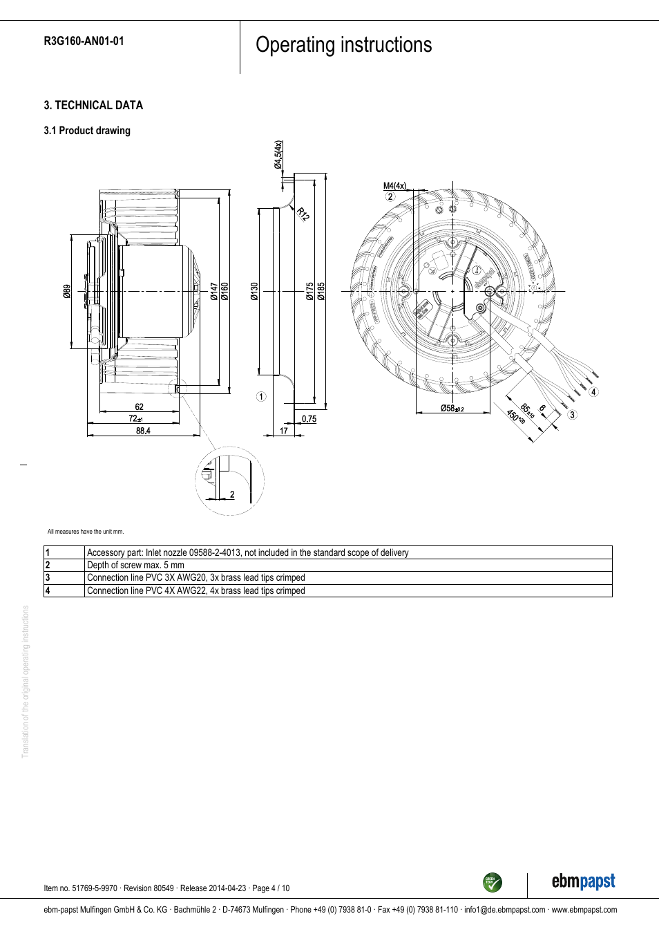 Operating instructions | ebm-papst R3G160-AN01-01 User Manual | Page 4 / 10