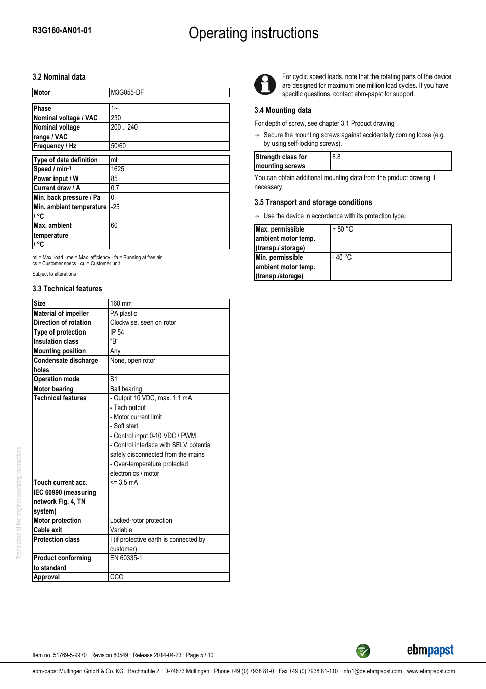 Operating instructions | ebm-papst R3G160-AN01-01 User Manual | Page 5 / 10