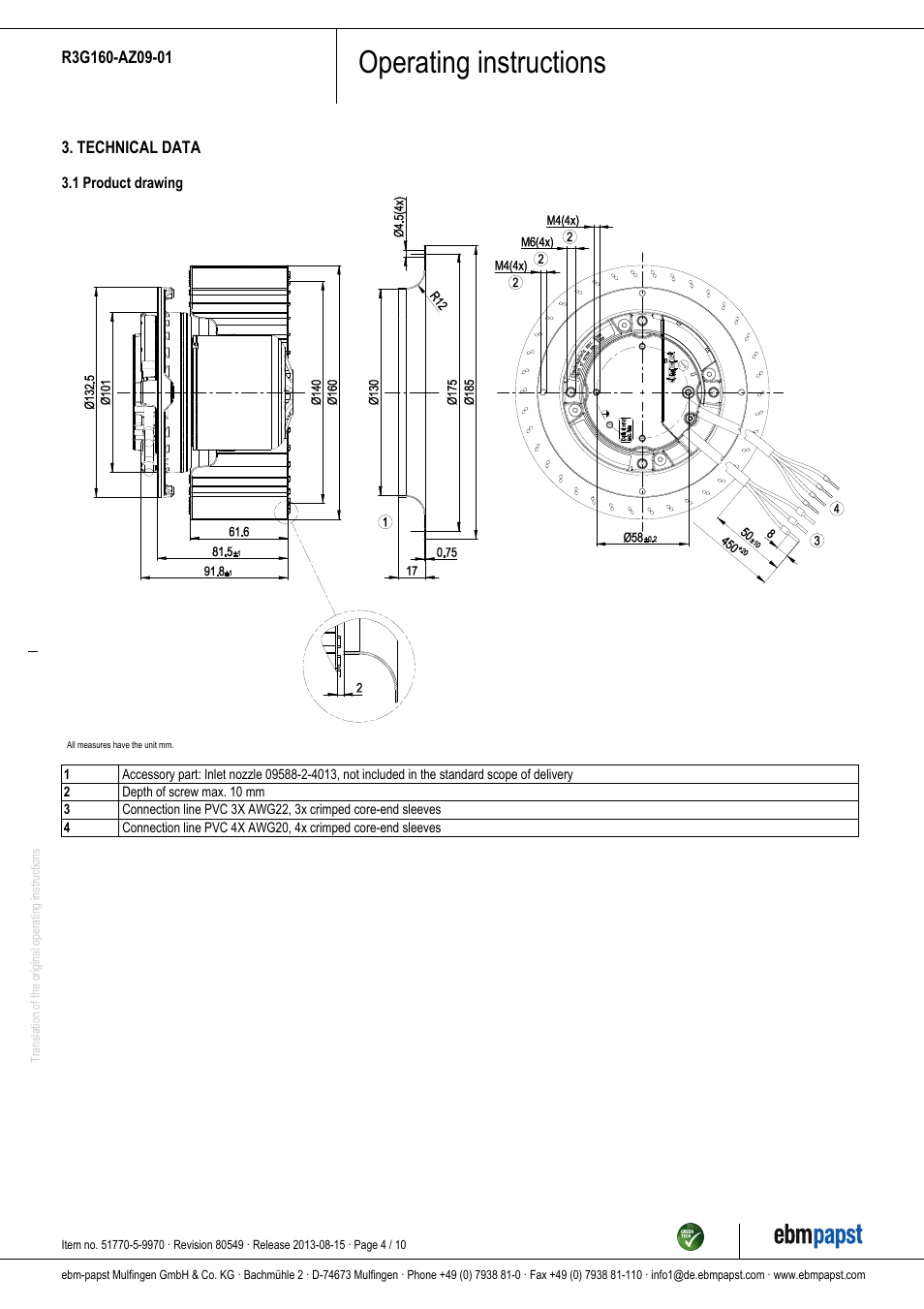 Operating instructions | ebm-papst R3G160-AZ09-01 User Manual | Page 4 / 10