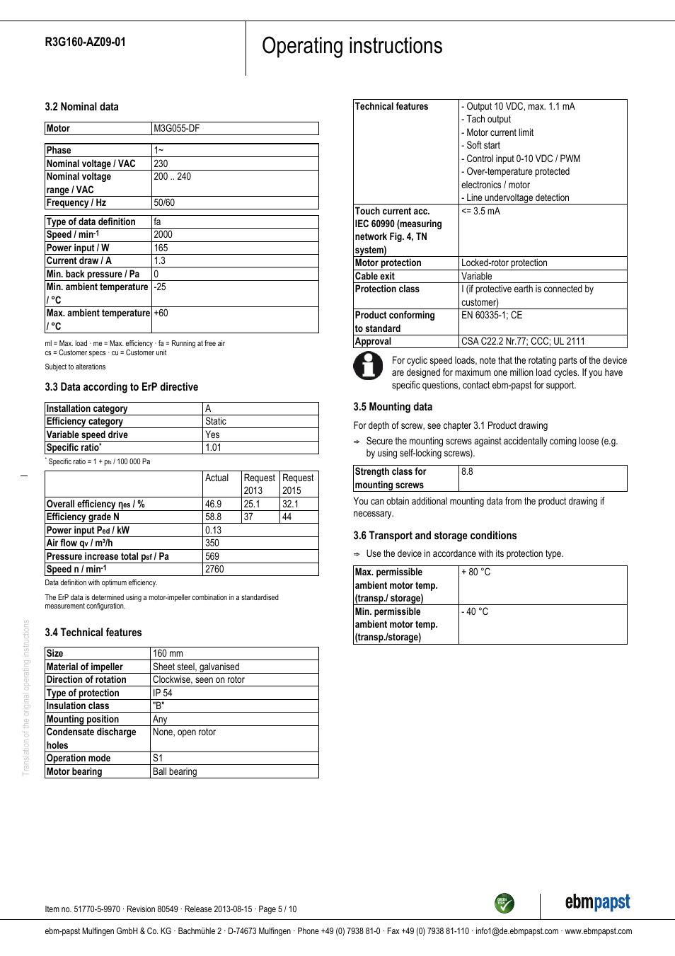 Operating instructions | ebm-papst R3G160-AZ09-01 User Manual | Page 5 / 10