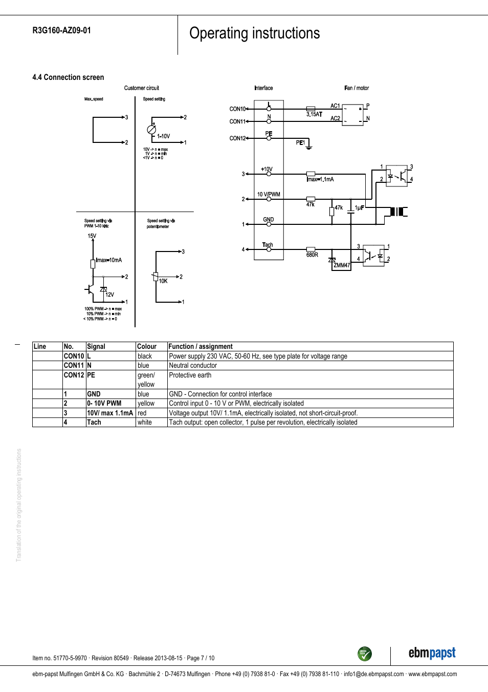 Operating instructions | ebm-papst R3G160-AZ09-01 User Manual | Page 7 / 10