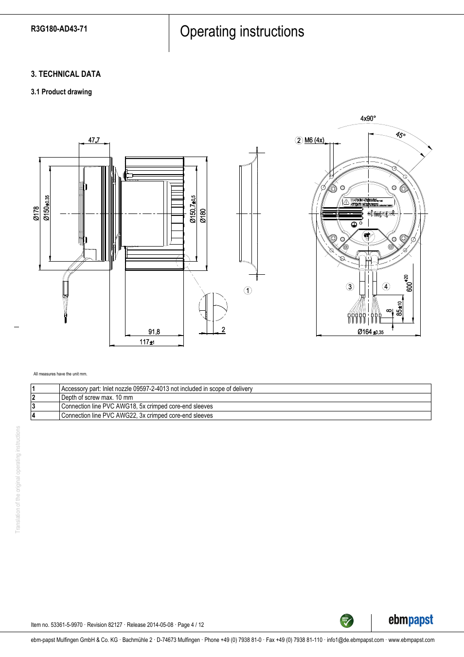 Operating instructions | ebm-papst R3G180-AD43-71 User Manual | Page 4 / 12