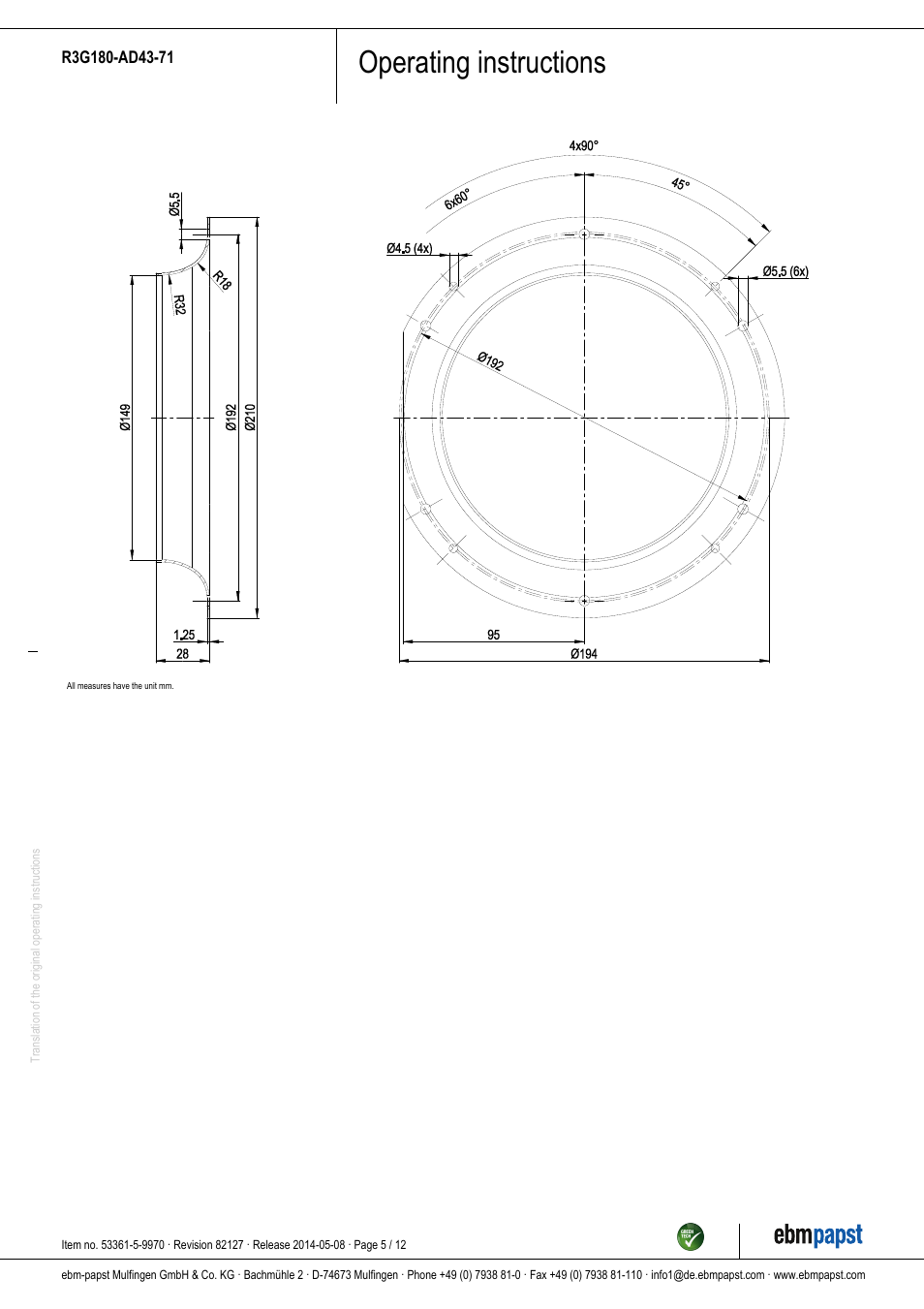Operating instructions | ebm-papst R3G180-AD43-71 User Manual | Page 5 / 12