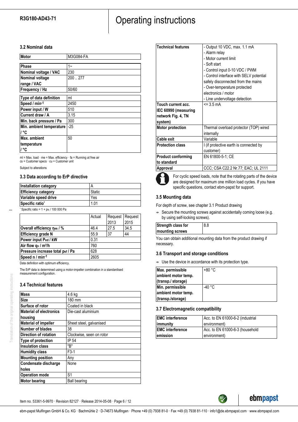 Operating instructions | ebm-papst R3G180-AD43-71 User Manual | Page 6 / 12