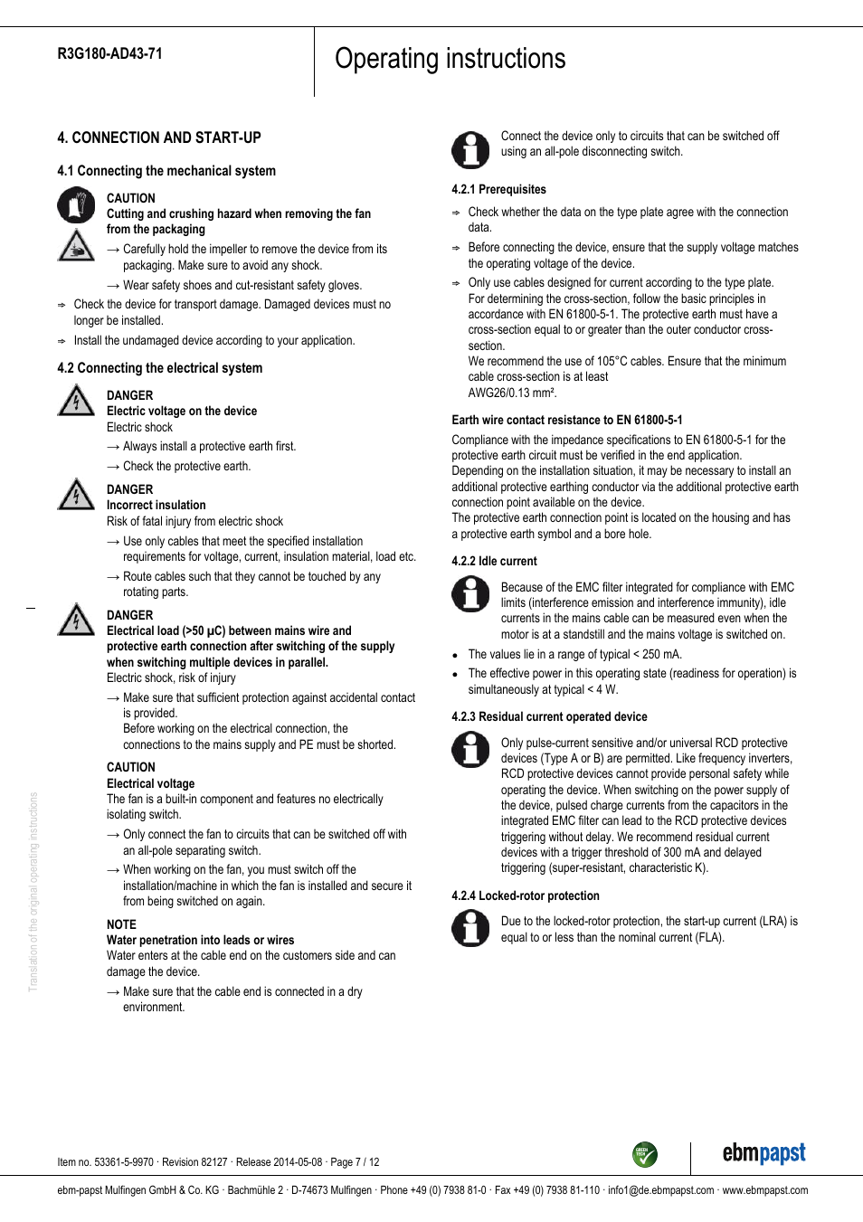 Operating instructions | ebm-papst R3G180-AD43-71 User Manual | Page 7 / 12