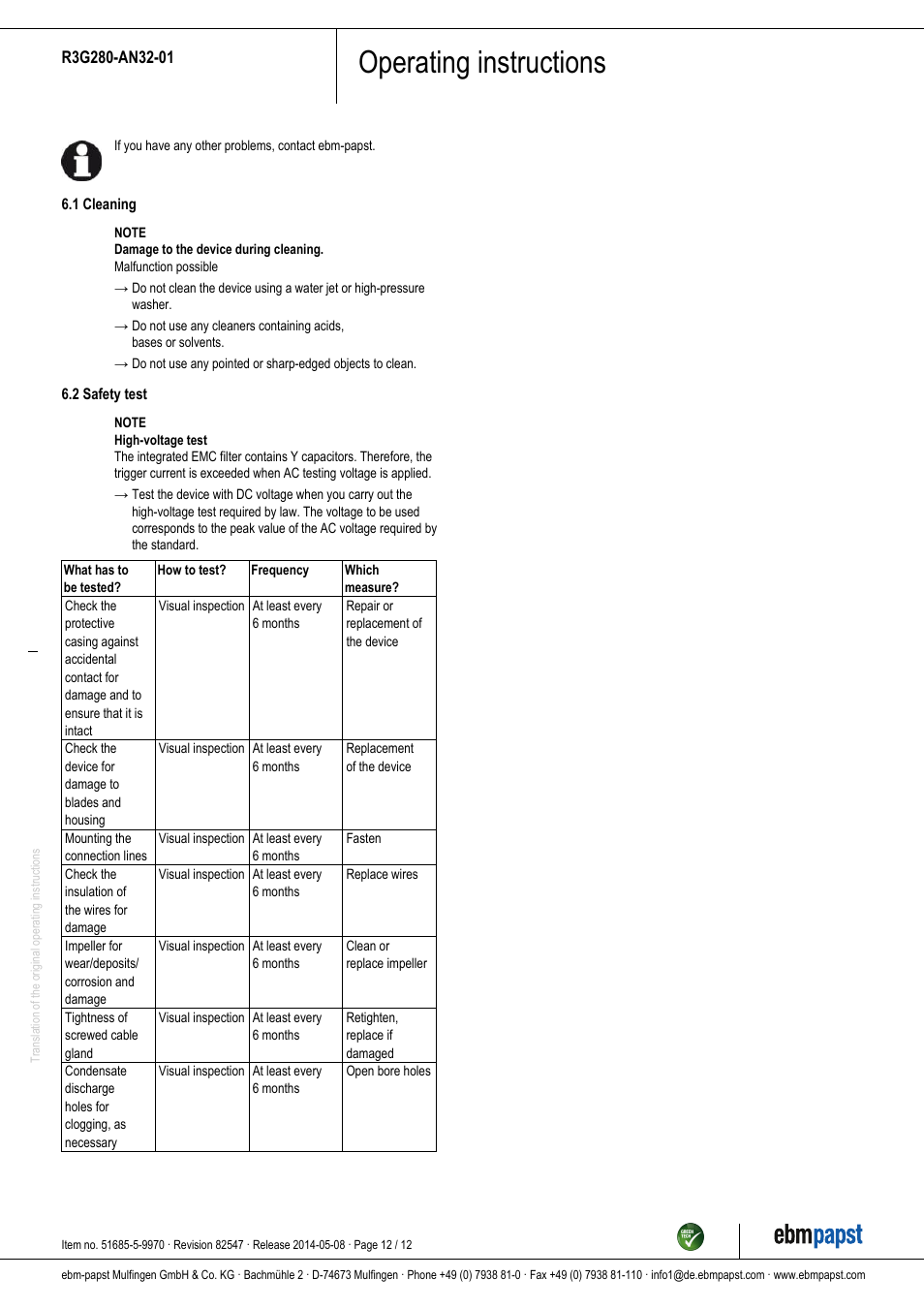 Operating instructions | ebm-papst R3G280-AN32-01 User Manual | Page 12 / 12