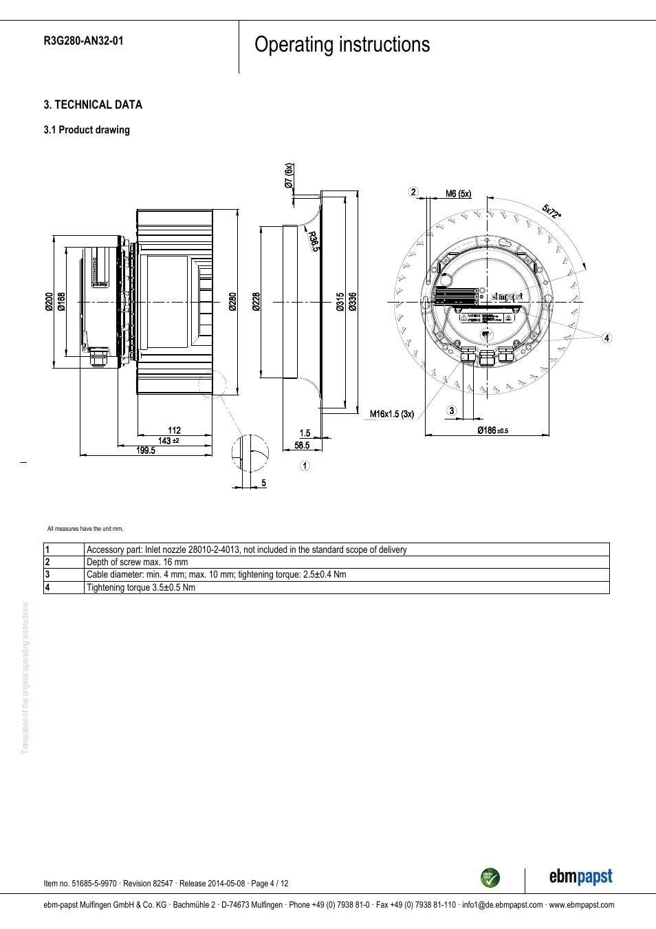 Operating instructions | ebm-papst R3G280-AN32-01 User Manual | Page 4 / 12