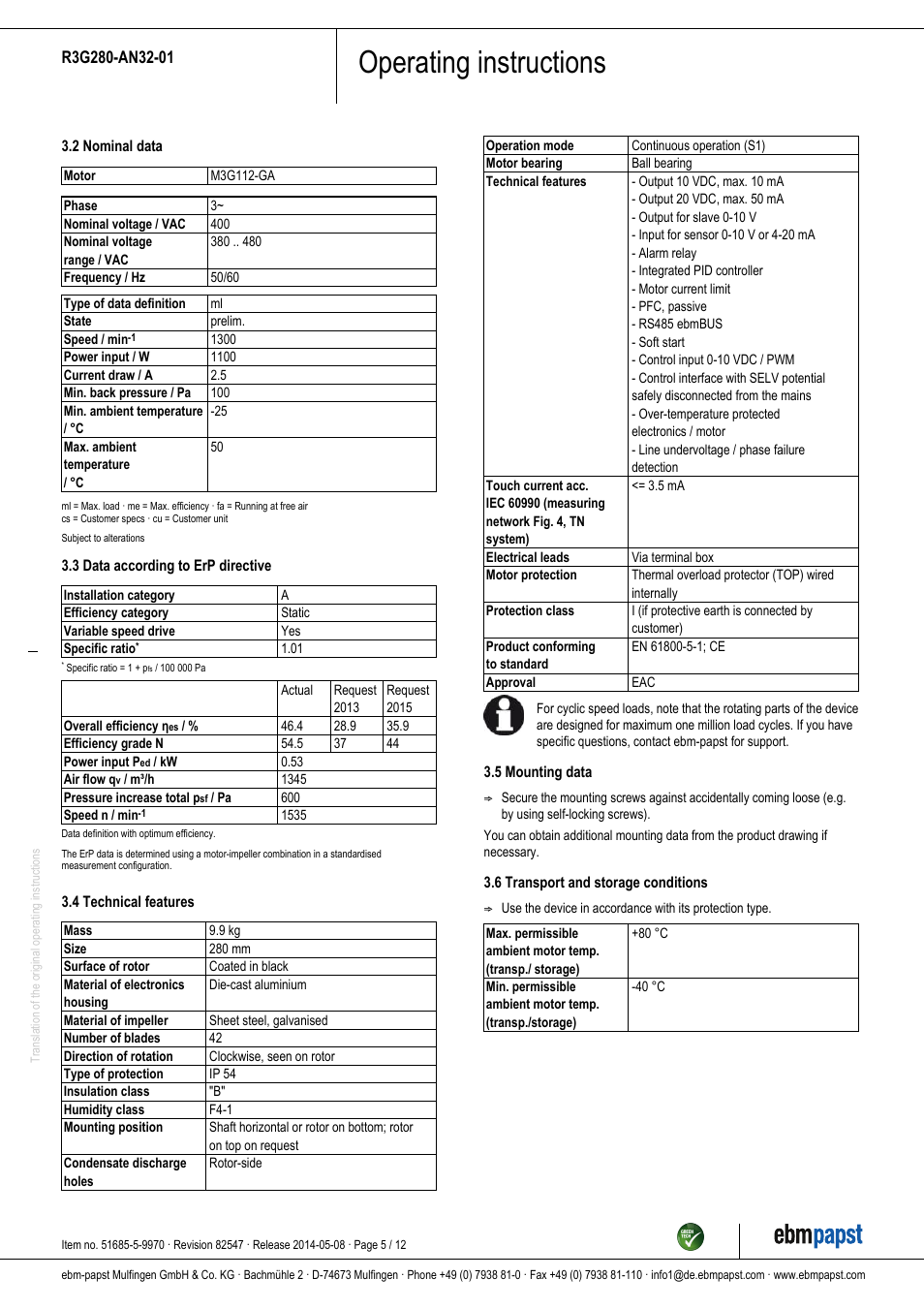 Operating instructions | ebm-papst R3G280-AN32-01 User Manual | Page 5 / 12