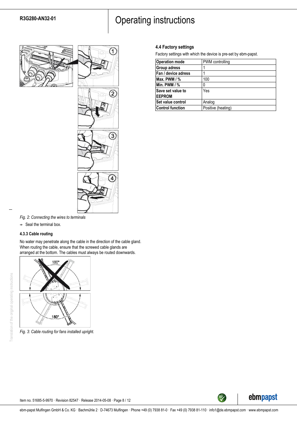 Operating instructions | ebm-papst R3G280-AN32-01 User Manual | Page 8 / 12