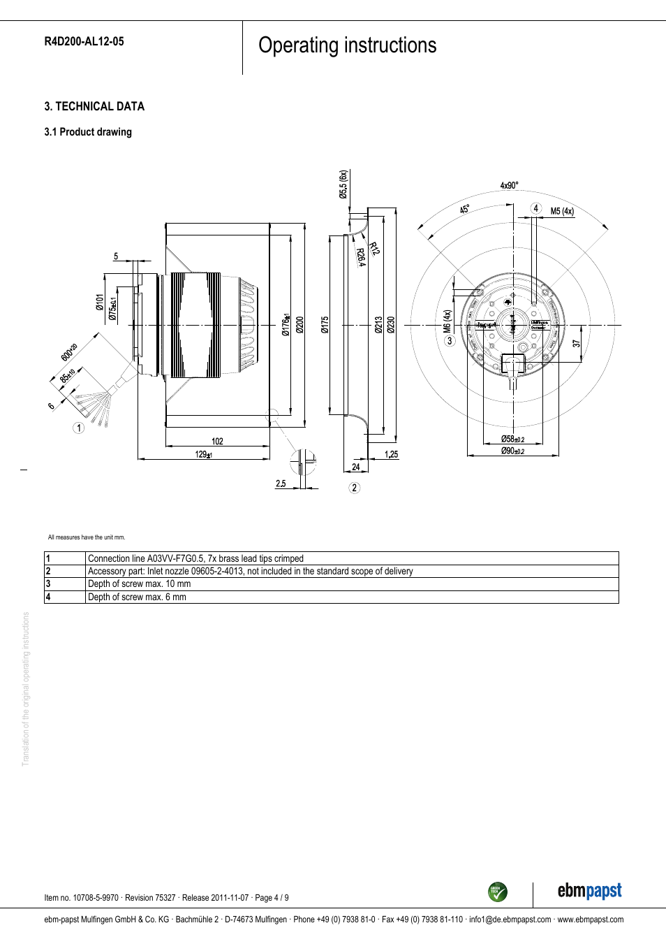 Operating instructions | ebm-papst R4D200-AL12-05 User Manual | Page 4 / 9